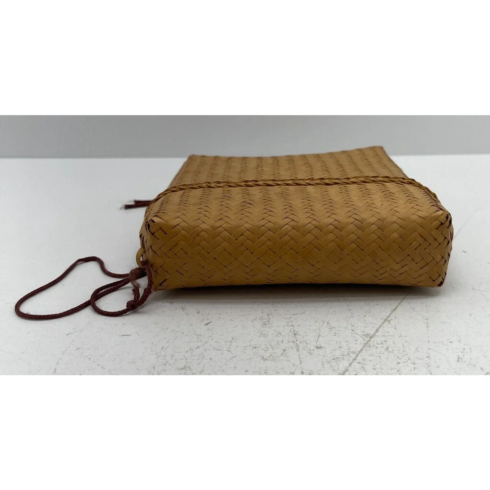 Handmade Woven Bag Backpack Vintage Basket Tan Bamboo With Lid & Chinese Coin
